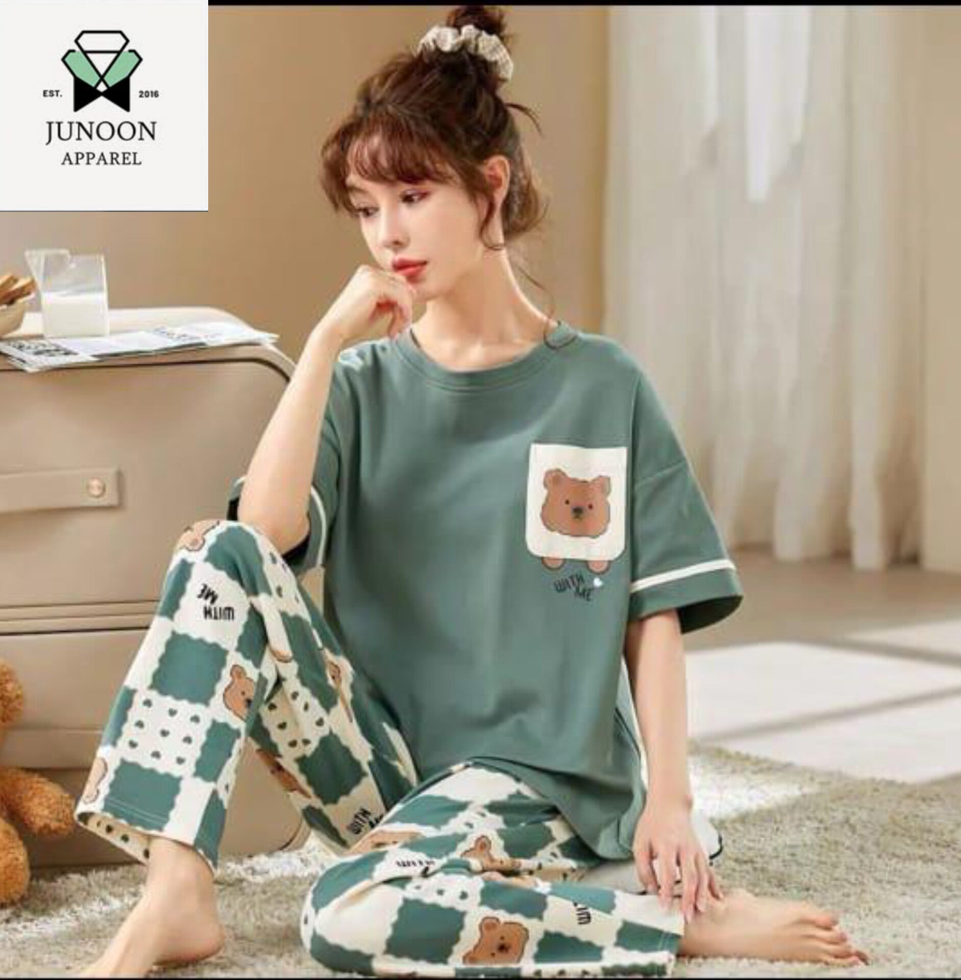 Green Pocket Design Night Suit – Premium Fabric for Girls & Women
