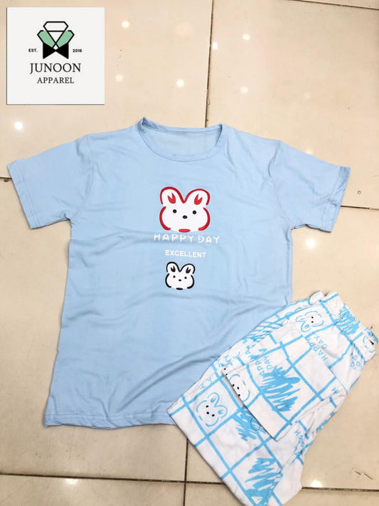 Blue rabbit design night dress in cotton fabric