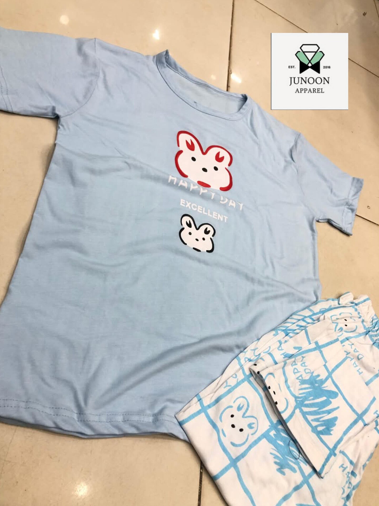 Blue rabbit design night dress in cotton fabric