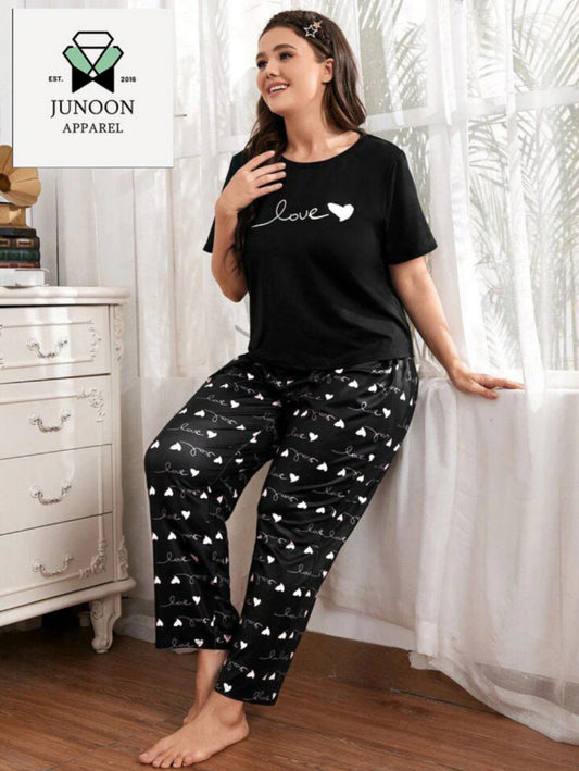 Black heart and love printed night suit cotton jarsy fabric