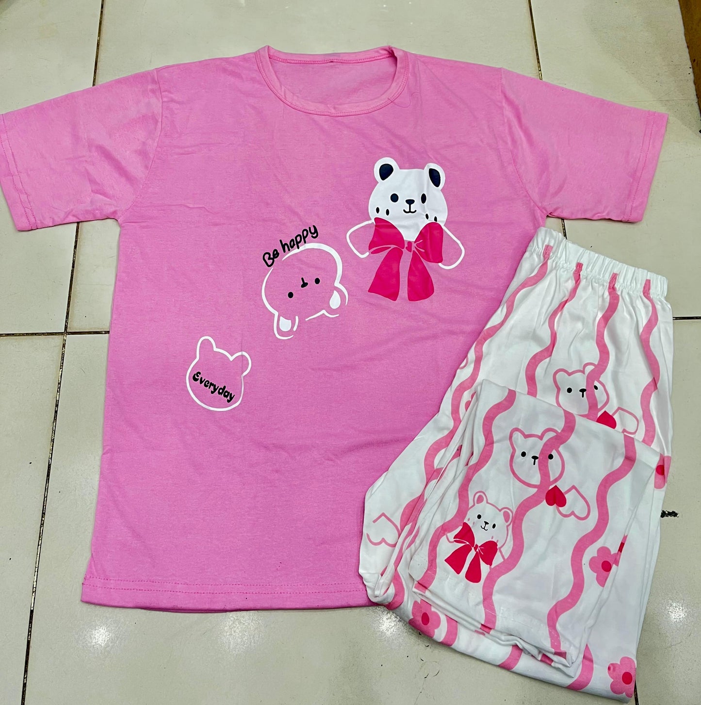 pink happy bear design night suit premium fabric for girls and woman