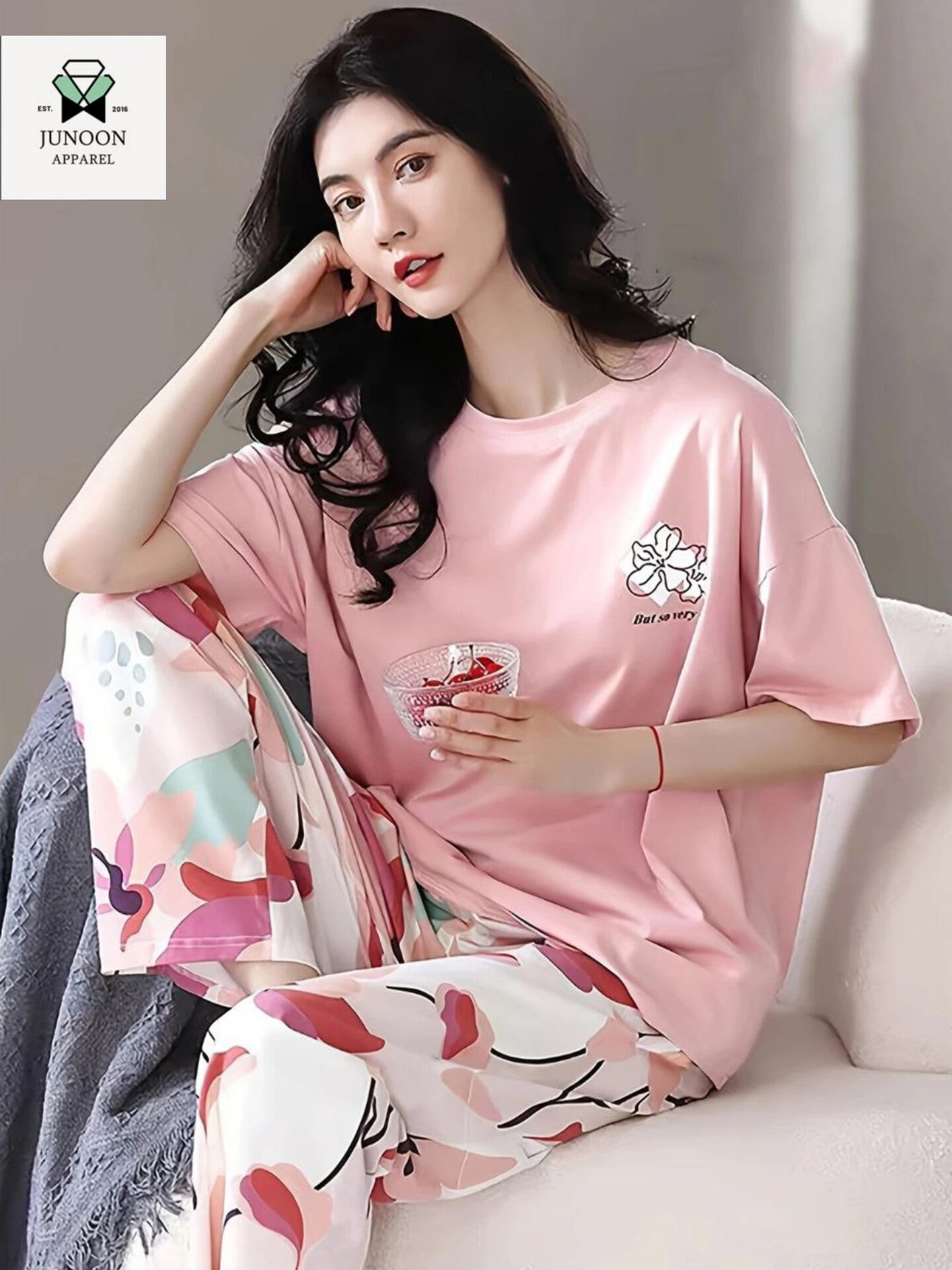 Pink & White Flower Design Night Dress – Cotton Fabric