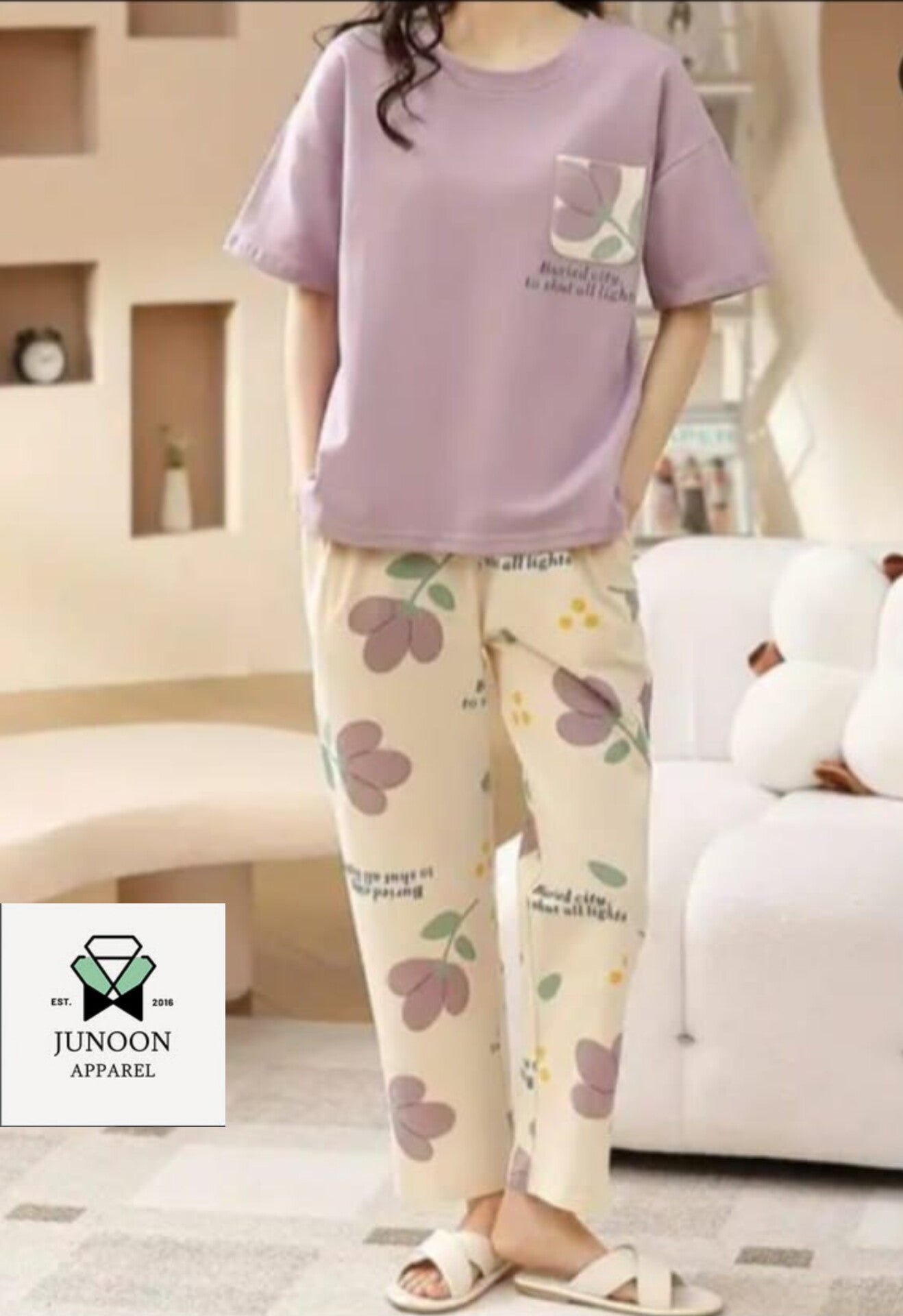 Purple Full Sleeves Printed Night Suit – Cotton Jersey Fabric