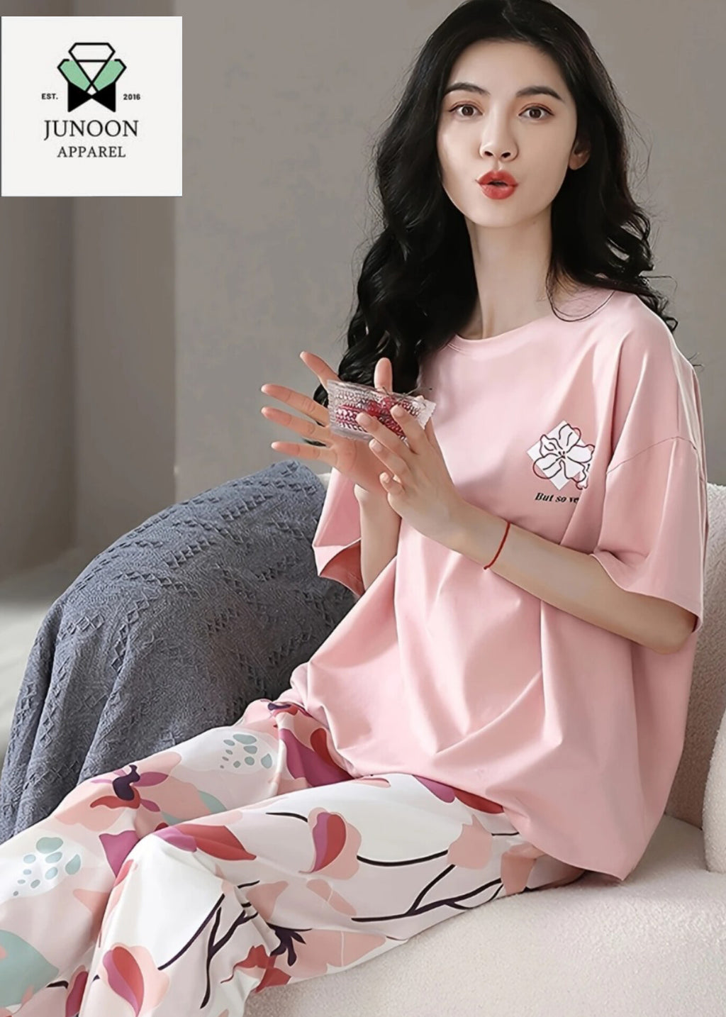 Pink & White Flower Design Night Dress – Cotton Fabric