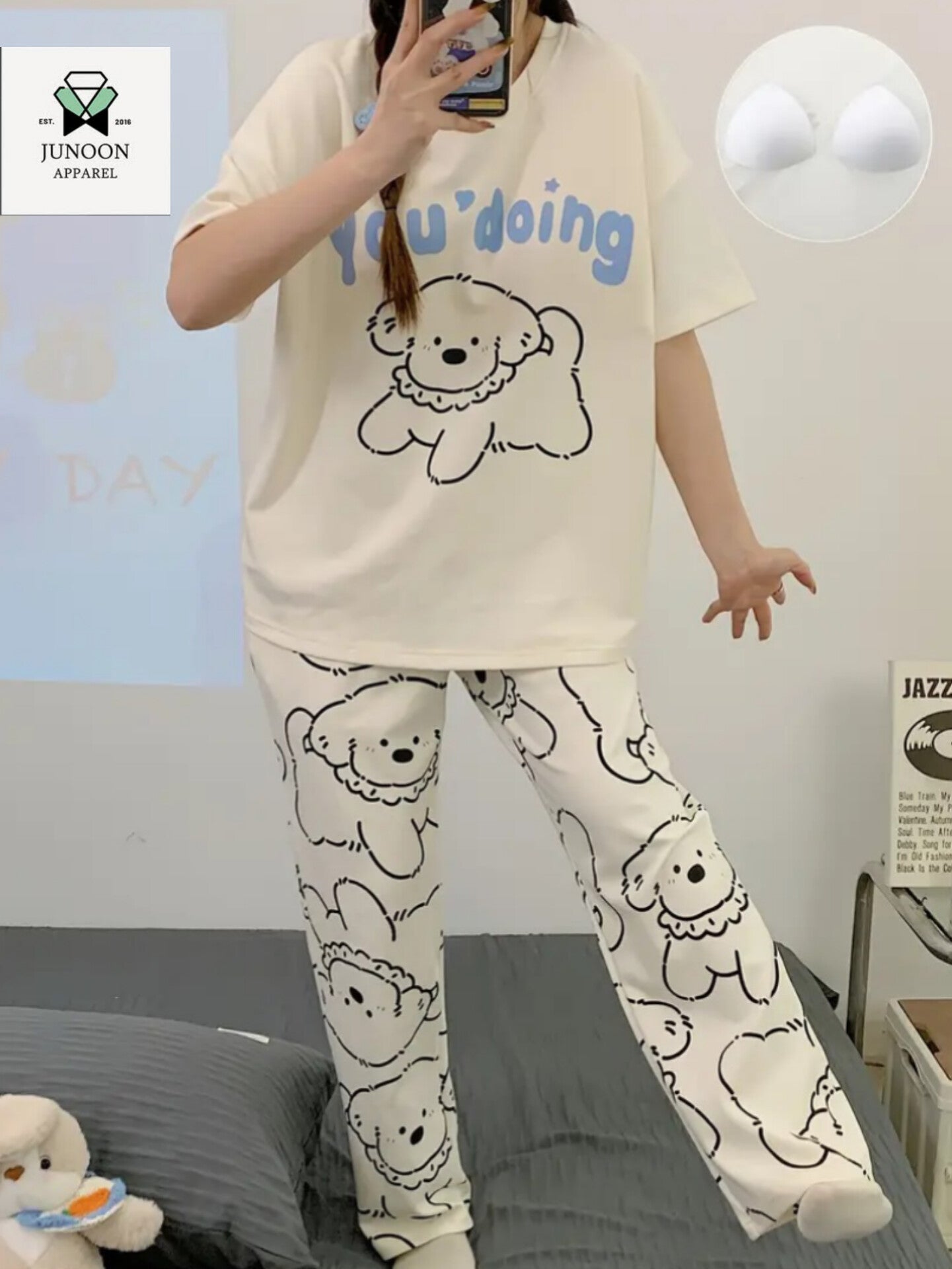 White "You Doing" Design Night Suit – Premium Fabric for Girls & Women