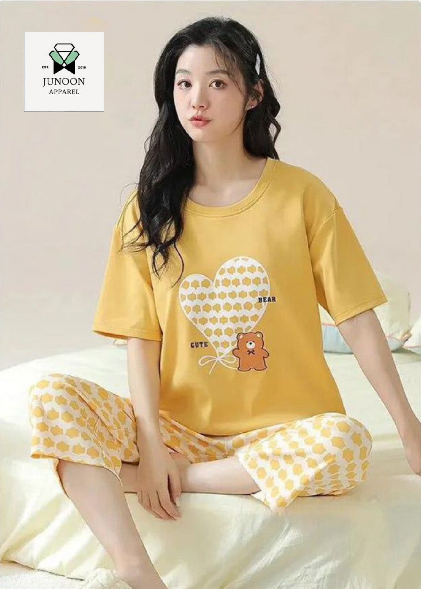 Heart with Bear Design Night Suit – Premium Fabric