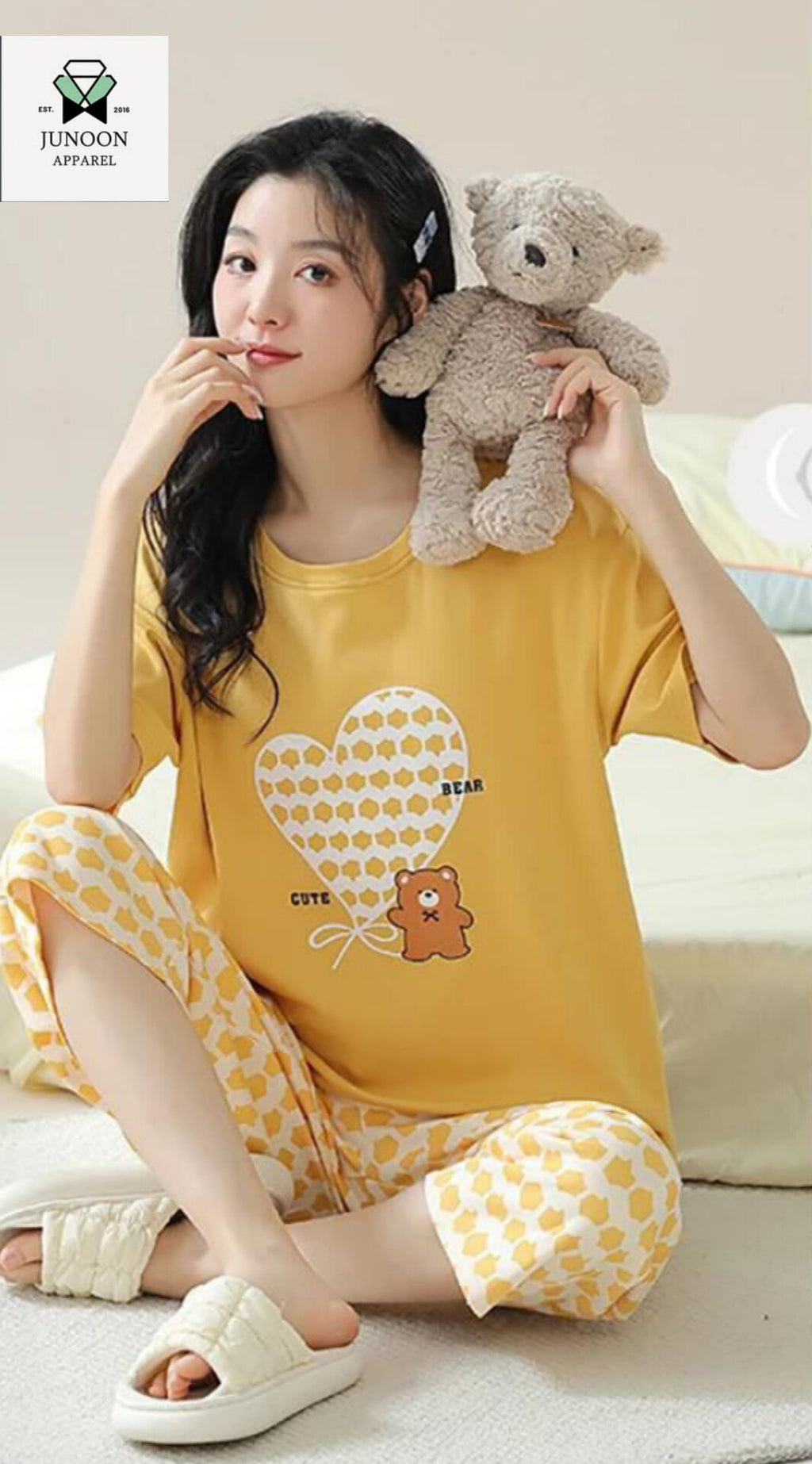 Heart with Bear Design Night Suit – Premium Fabric