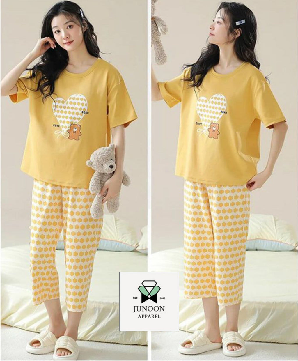 Heart with Bear Design Night Suit – Premium Fabric