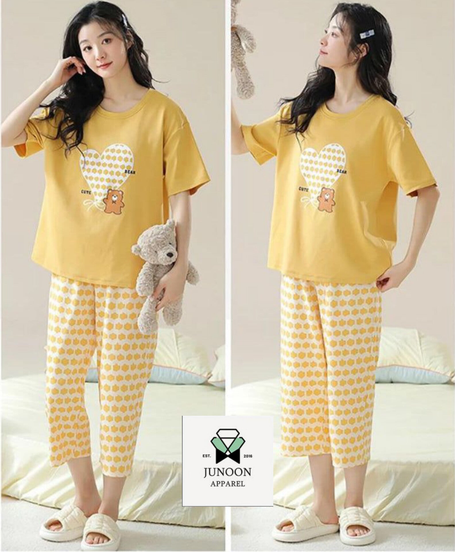 Heart with Bear Design Night Suit – Premium Fabric