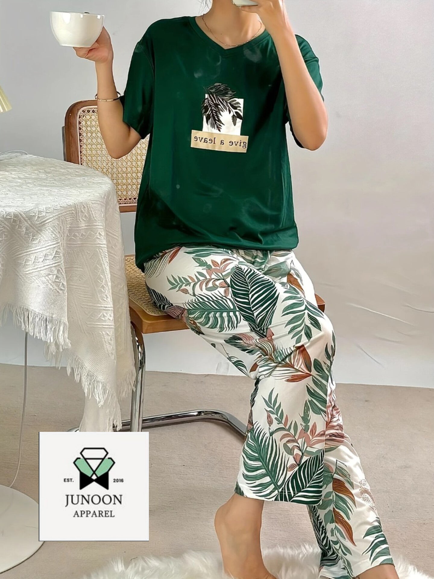 Green Leaf Design Night Dress – Cotton Fabric