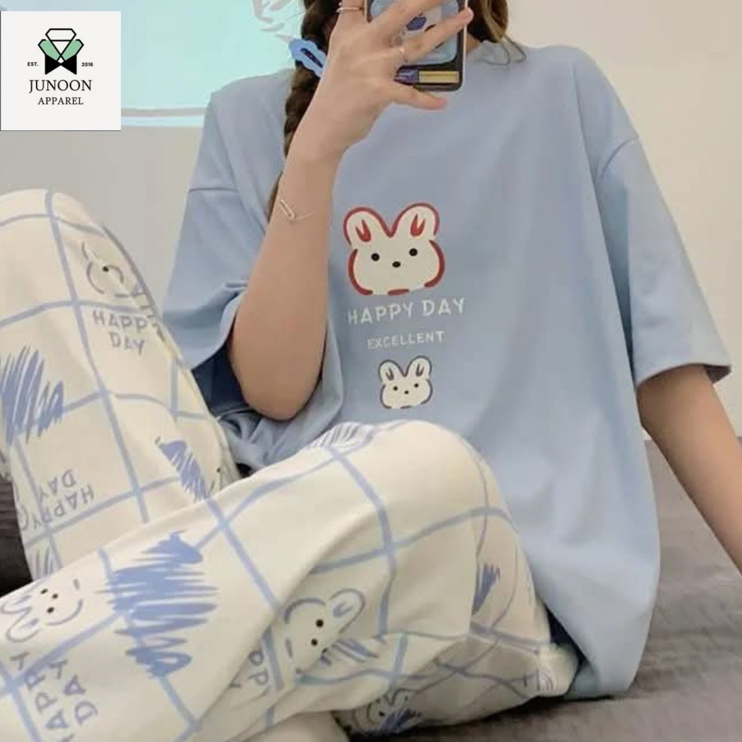 Blue rabbit design night dress in cotton fabric