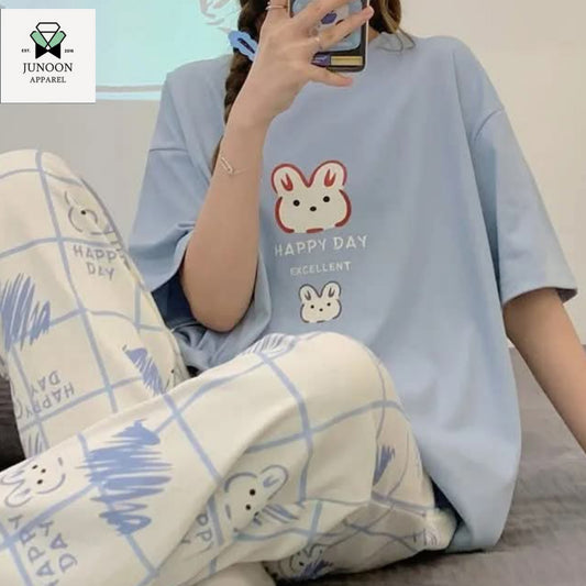 Blue rabbit design night dress in cotton fabric