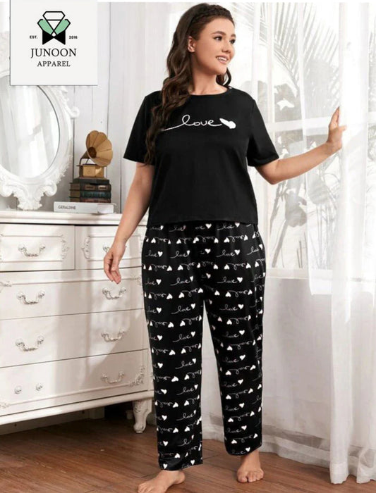 Black heart and love printed night suit cotton jarsy fabric