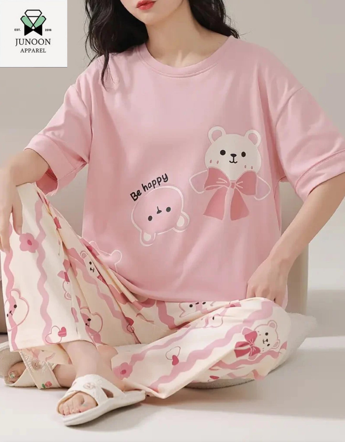 pink happy bear design night suit permium fabric for girls and woman