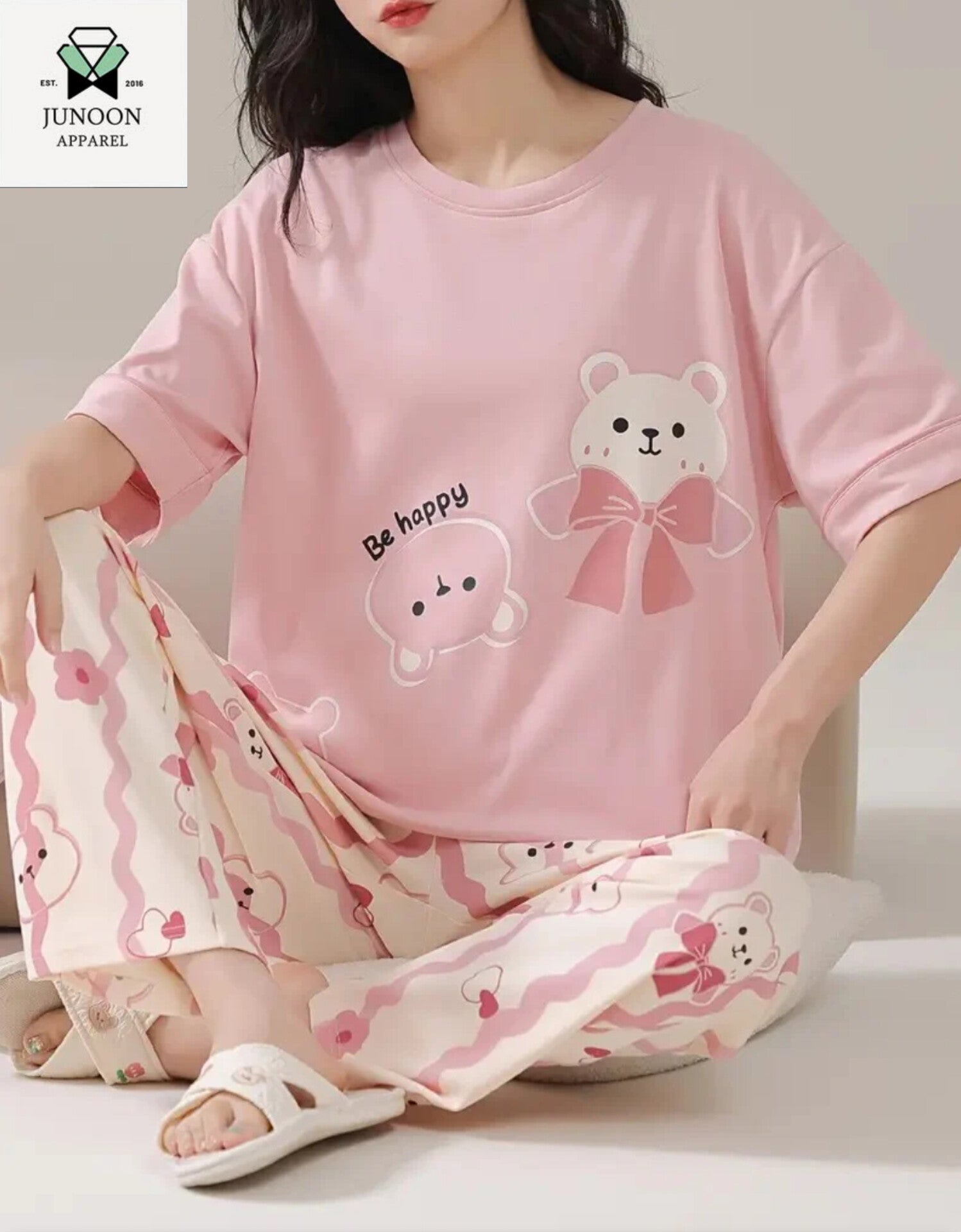 Pink Happy Bear Design Night Suit – Premium Fabric for Girls & Women