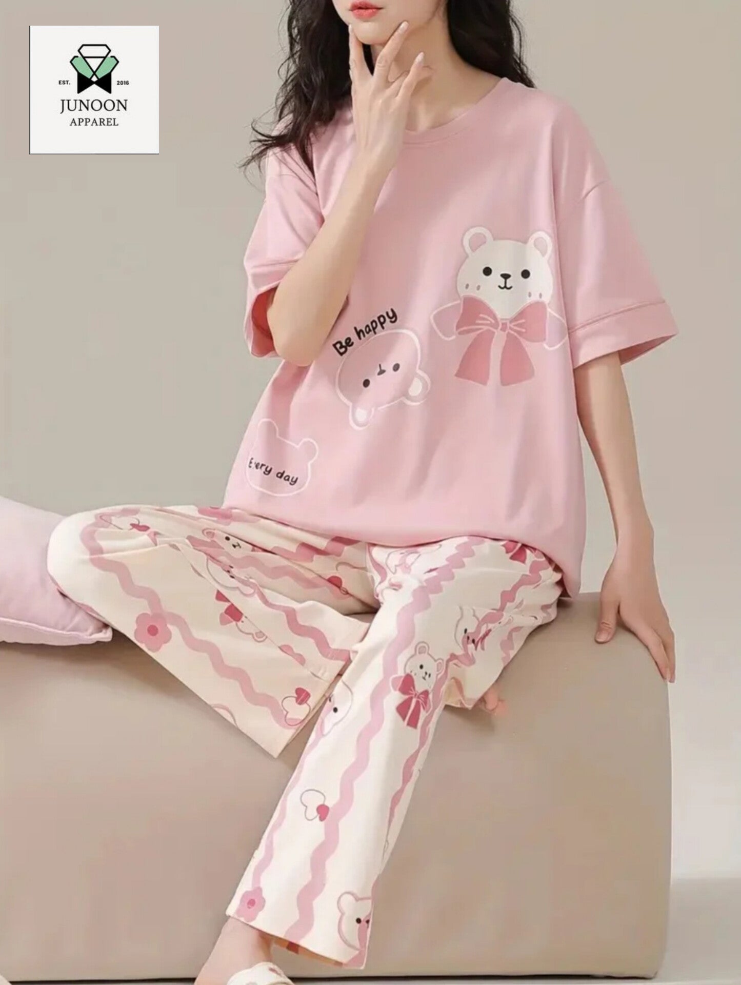 Pink Happy Bear Design Night Suit – Premium Fabric for Girls & Women