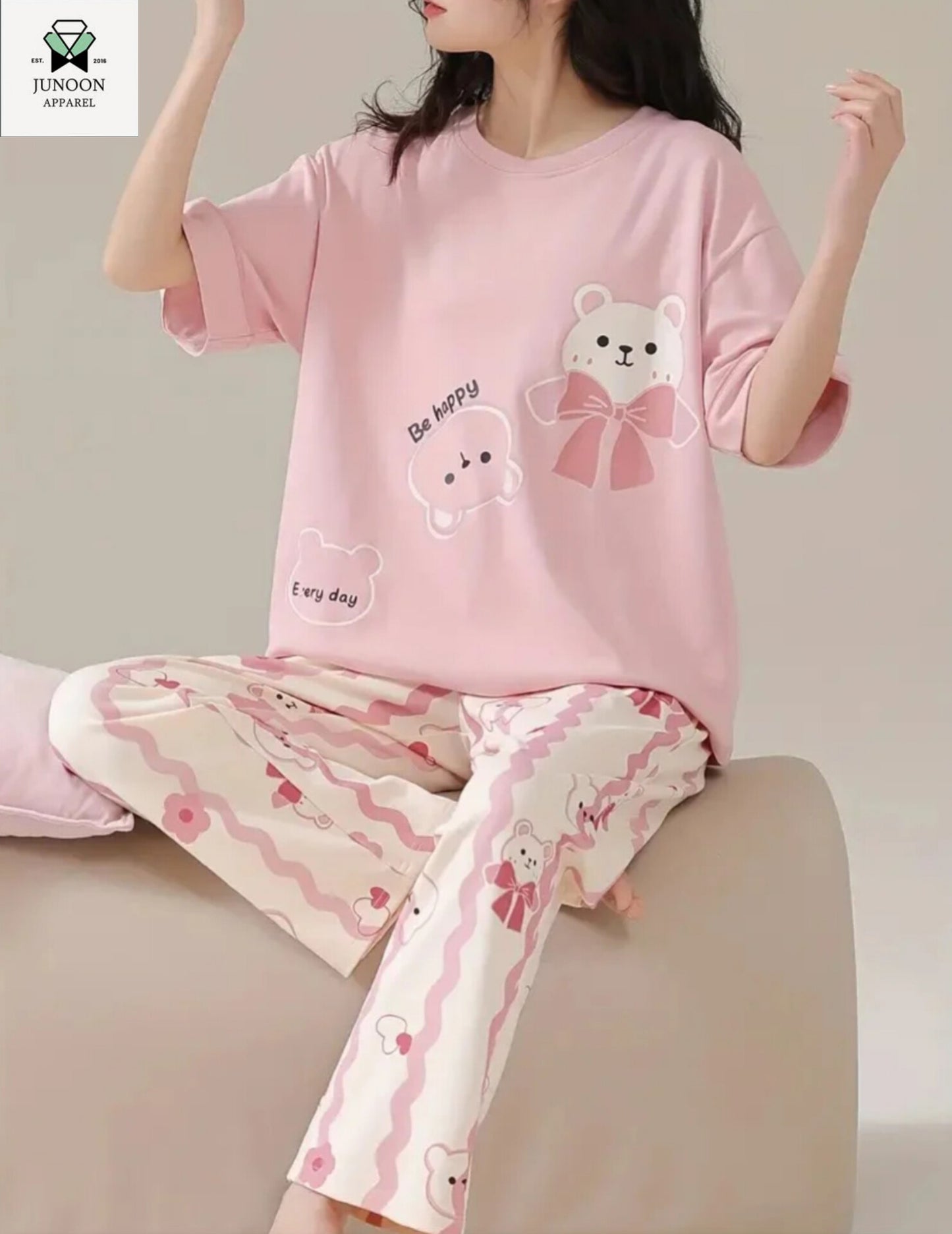 pink happy bear design night suit permium fabric for girls and woman