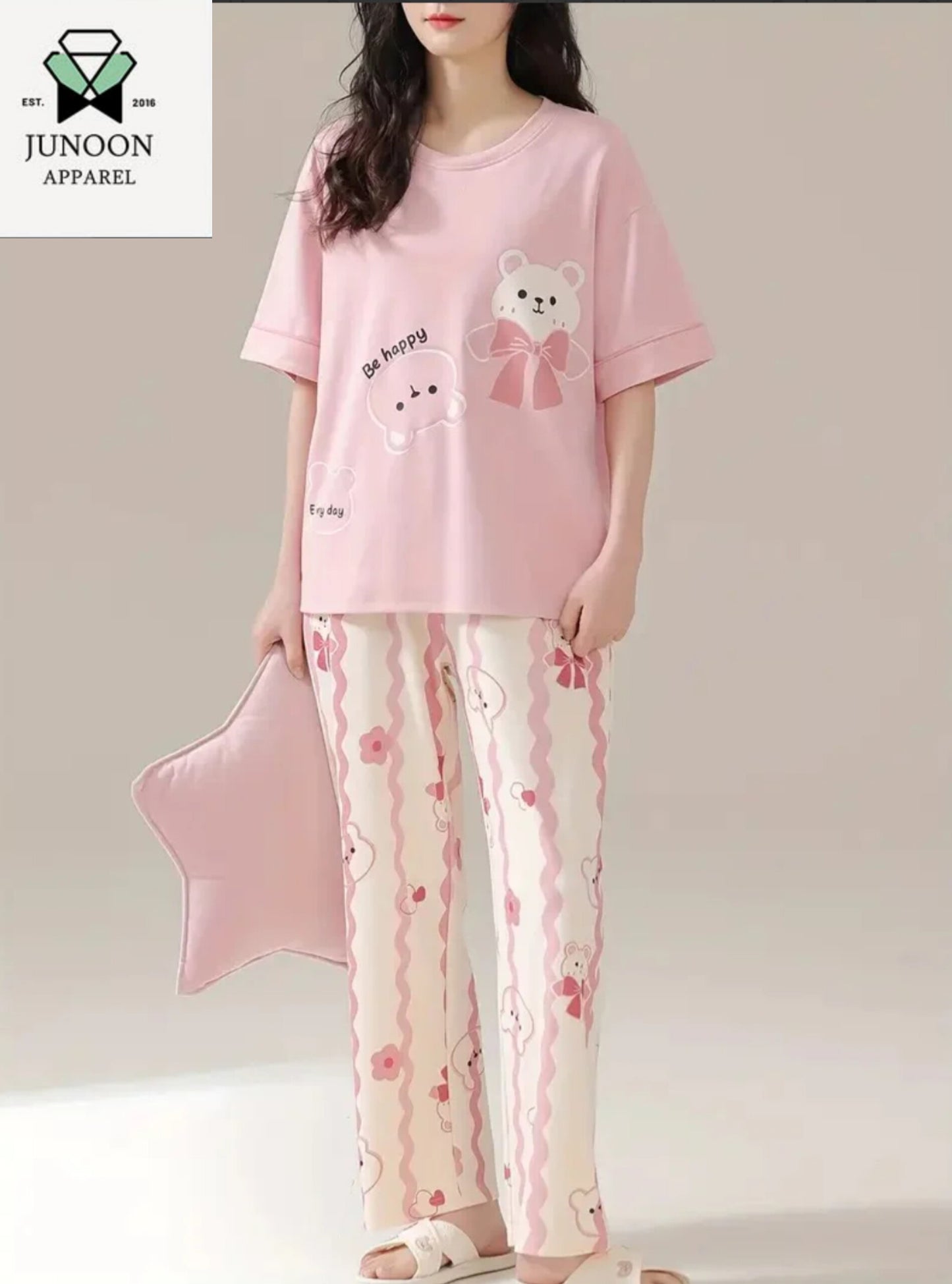 pink happy bear design night suit permium fabric for girls and woman