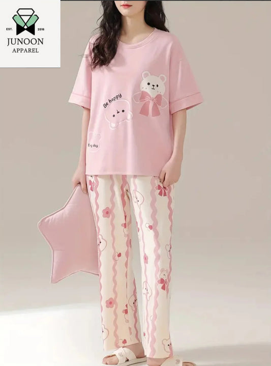 pink happy bear design night suit permium fabric for girls and woman