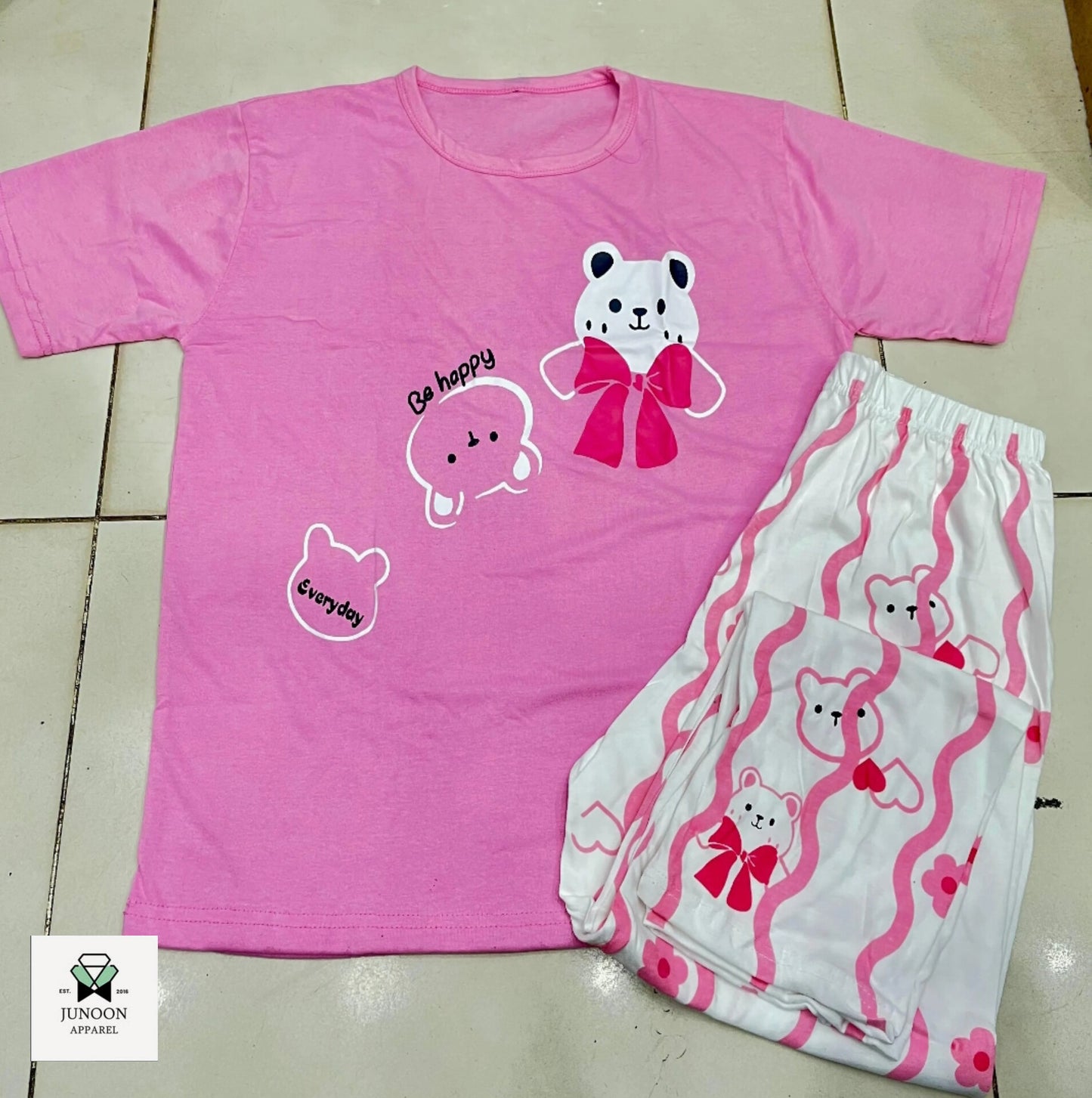pink happy bear design night suit permium fabric for girls and woman