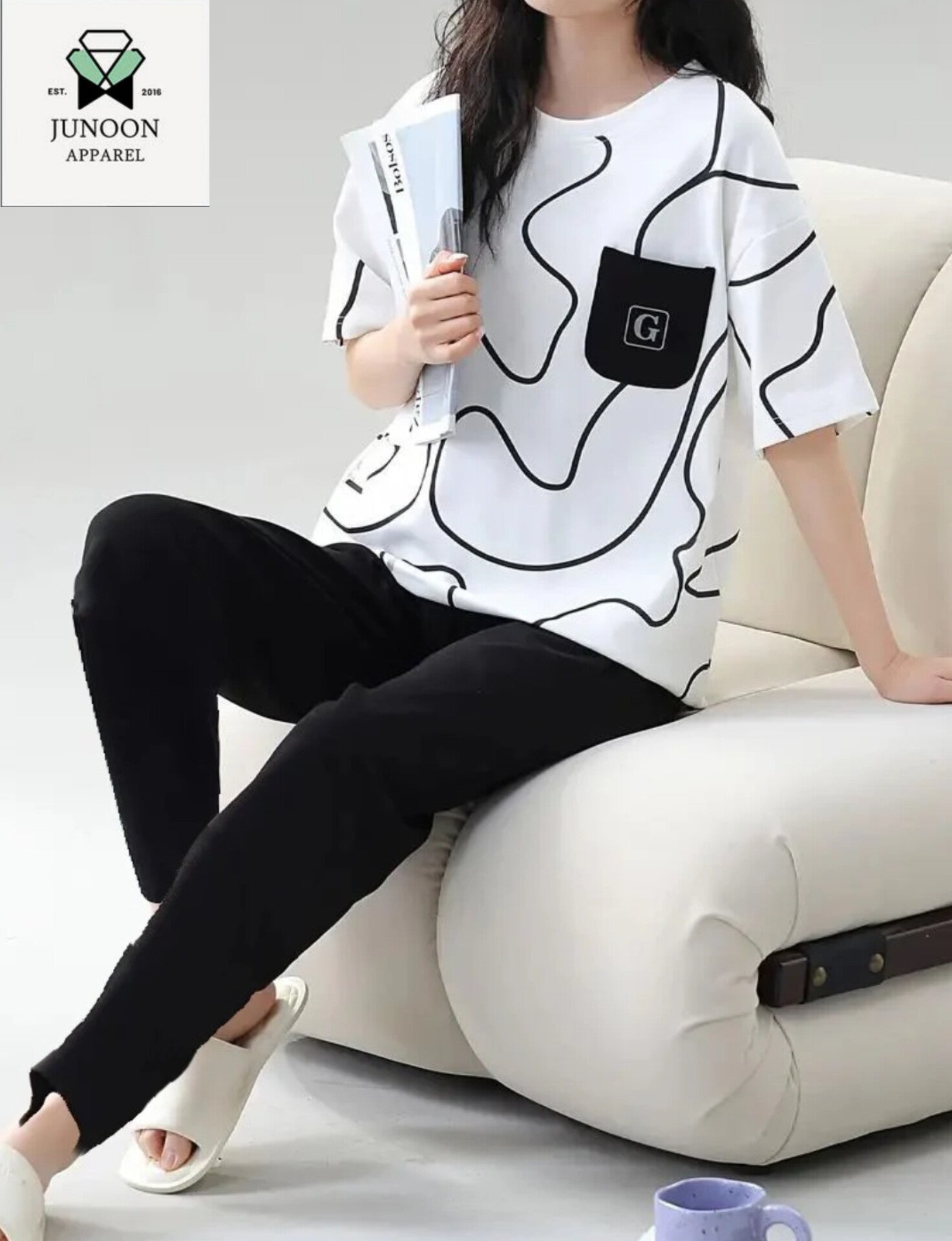 White & Black Pocket Design Night Suit – Premium Fabric for Girls & Women
