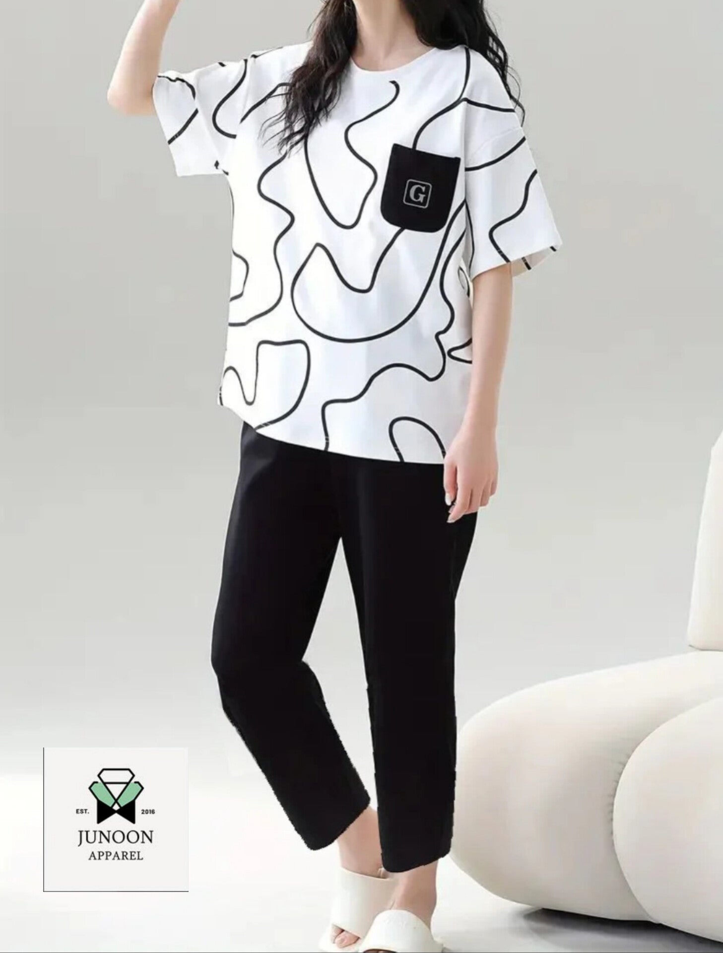 White & Black Pocket Design Night Suit – Premium Fabric for Girls & Women