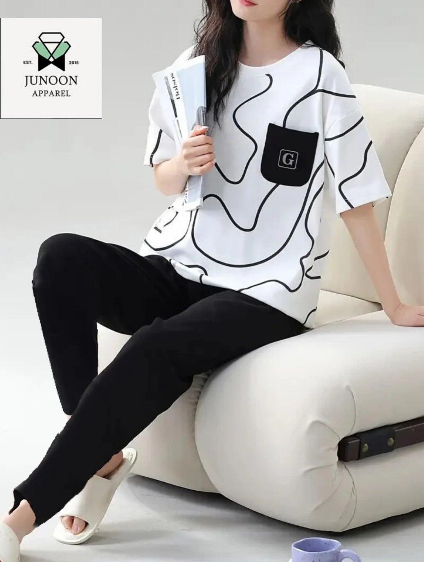 White & Black Pocket Design Night Suit – Premium Fabric for Girls & Women