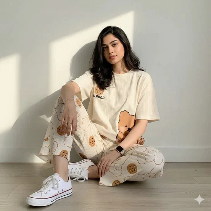 new bear cookies design night dress in cotton fabric