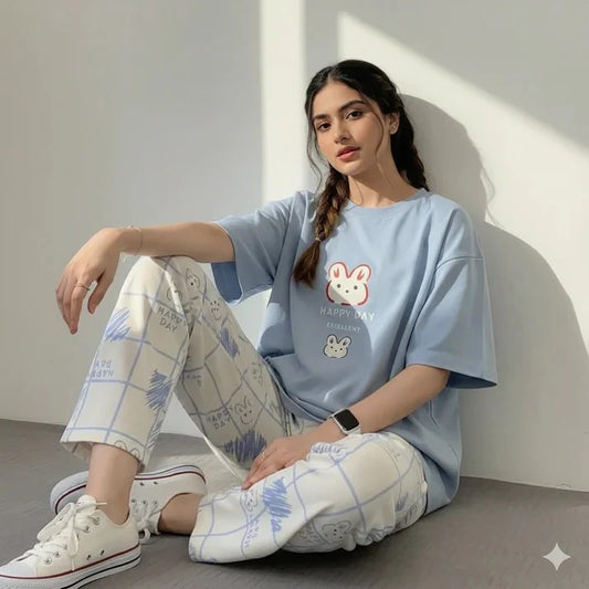 Blue rabbit design night dress in cotton fabric