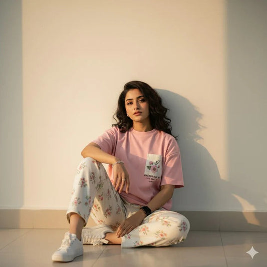 Pink Floral Printed Premium Cotton Jersey Night Suit – Sale