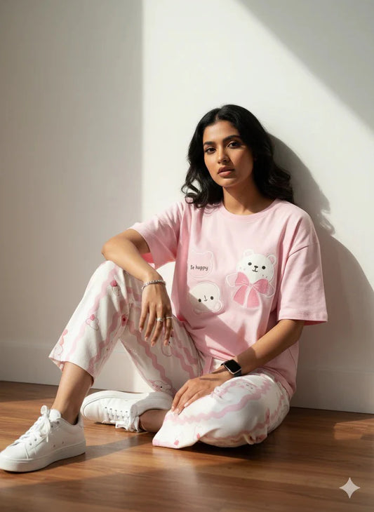 pink happy bear design night suit premium fabric for girls and woman