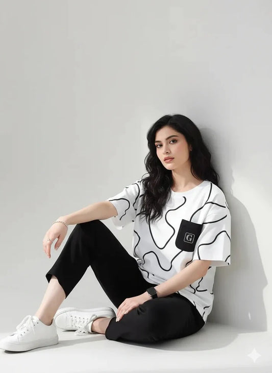 white and black pocket design night suit premium fabric for girls and woman