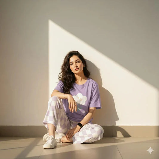 PURPLE NIGHT DRESS FLOWER PRINTED IN COTTON FABRIC